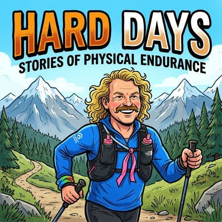 Hard Days podcast cover art: an illustrated runner with poles on a mountain trail.